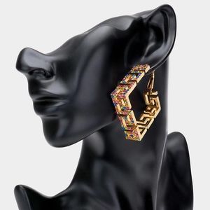 MultiColored Gold Greek Key Patterned Rhinestone Crystal Square Hoop Earrings
